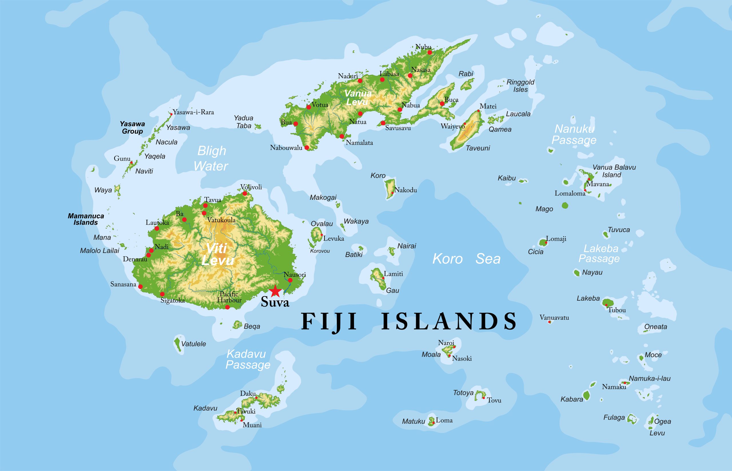 Fiji islands highly detailed physical map Highly detailed physical map of Fiji islands,in vector format,with all the relief forms,regions and big cities.